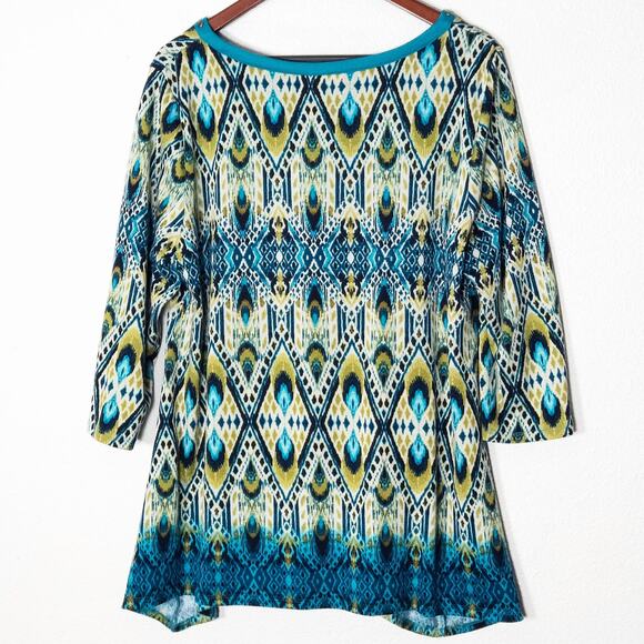 Ruby Rd Tunic Top Long Sleeve Blue Green Paisley Size L Bold Print - Picture 2 of 7